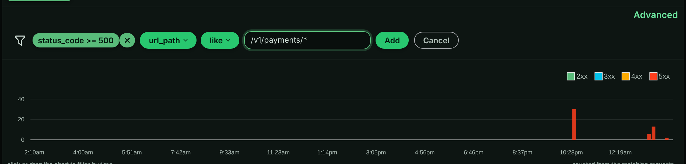 Filter bar with one status code chip and a second condition being built from field, operator and value controls