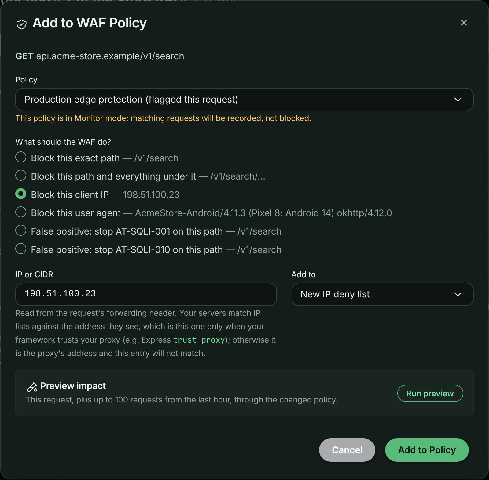 Add to WAF Policy dialog with a policy picker, block choices and the deny list to add to