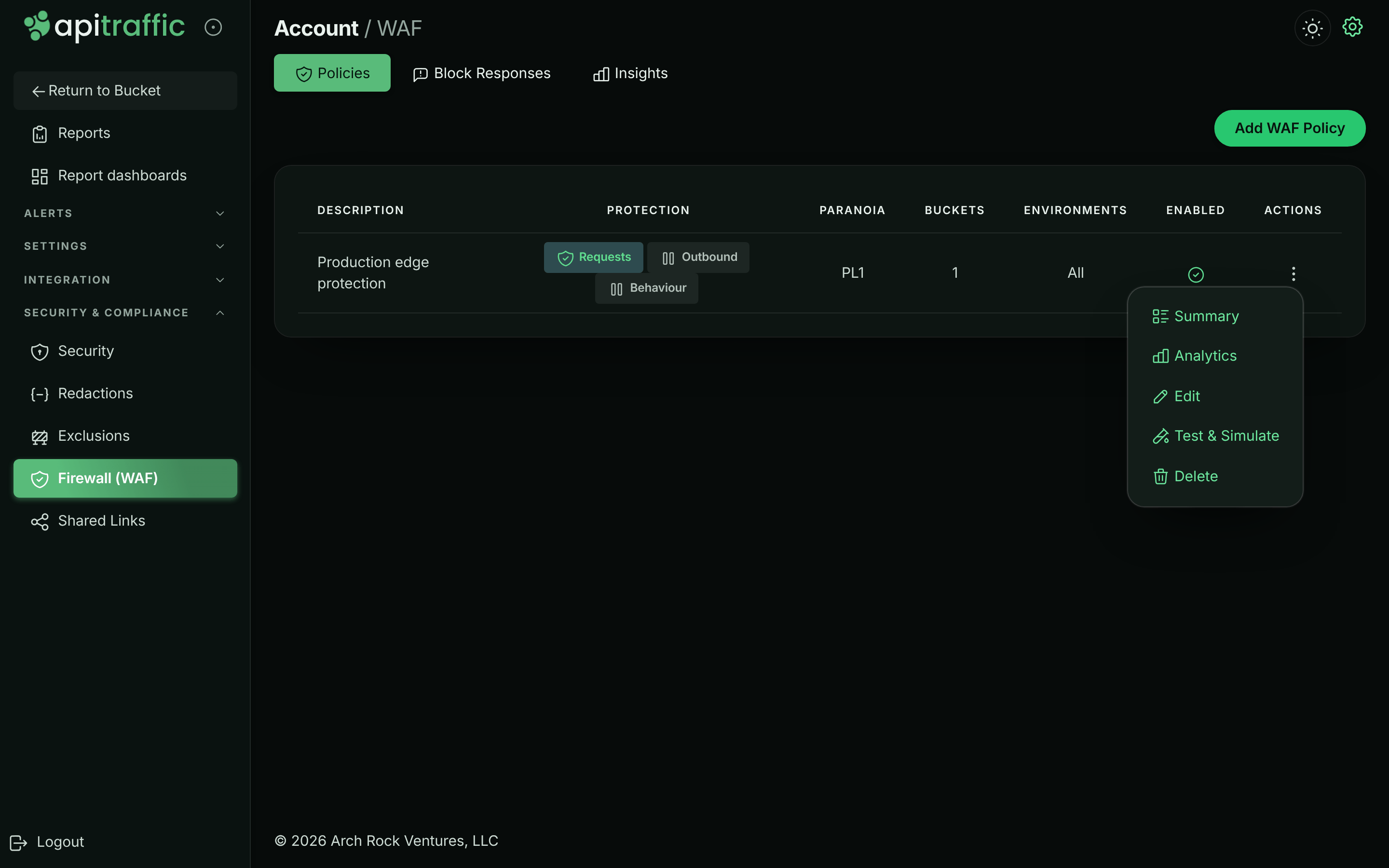 Firewall Policies tab listing a policy with protection badges and an open actions menu