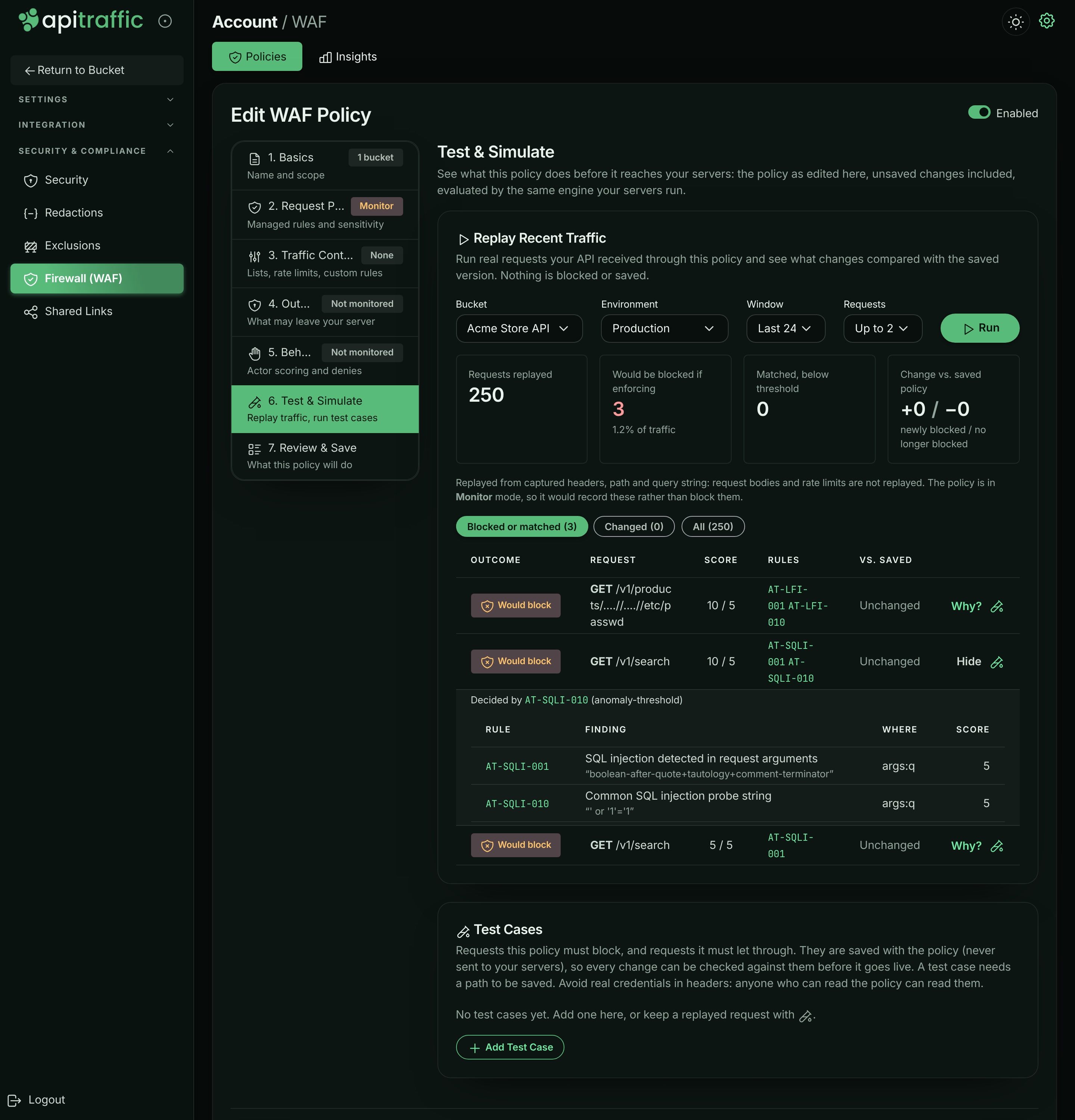 Replay Recent Traffic results with counts of replayed, would-be-blocked and changed requests, and one request's matched rules expanded
