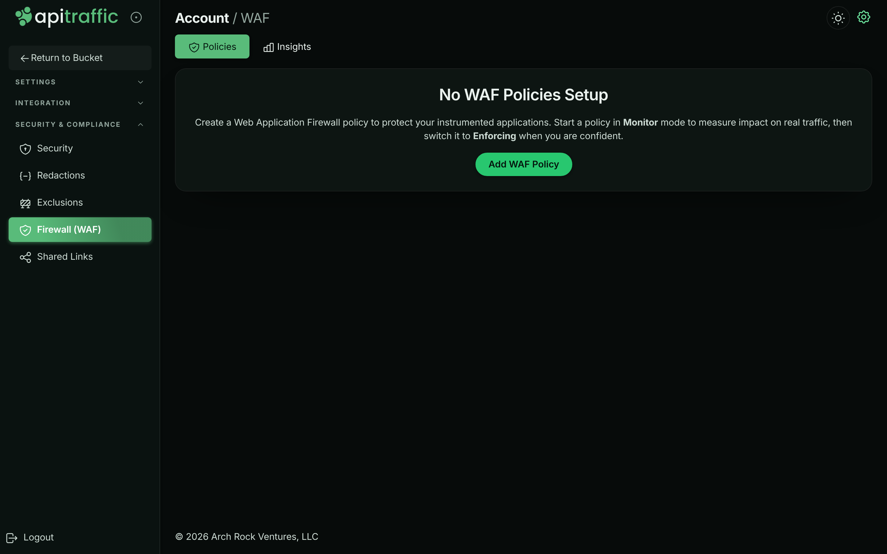 Firewall Policies tab showing No WAF Policies Setup and an Add WAF Policy button