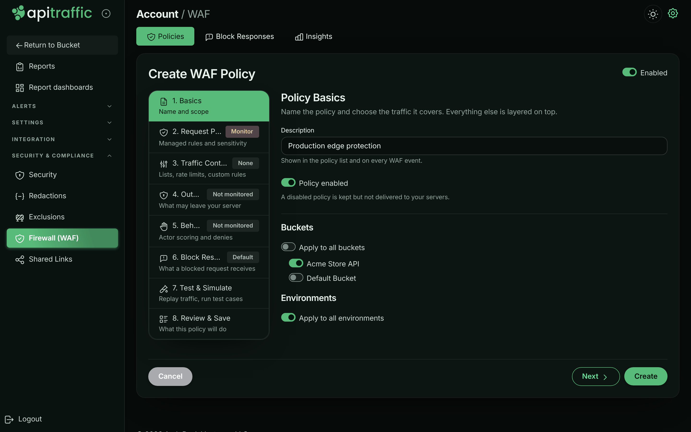 Create WAF Policy, Basics step, with a description, the enabled switch and bucket and environment targeting