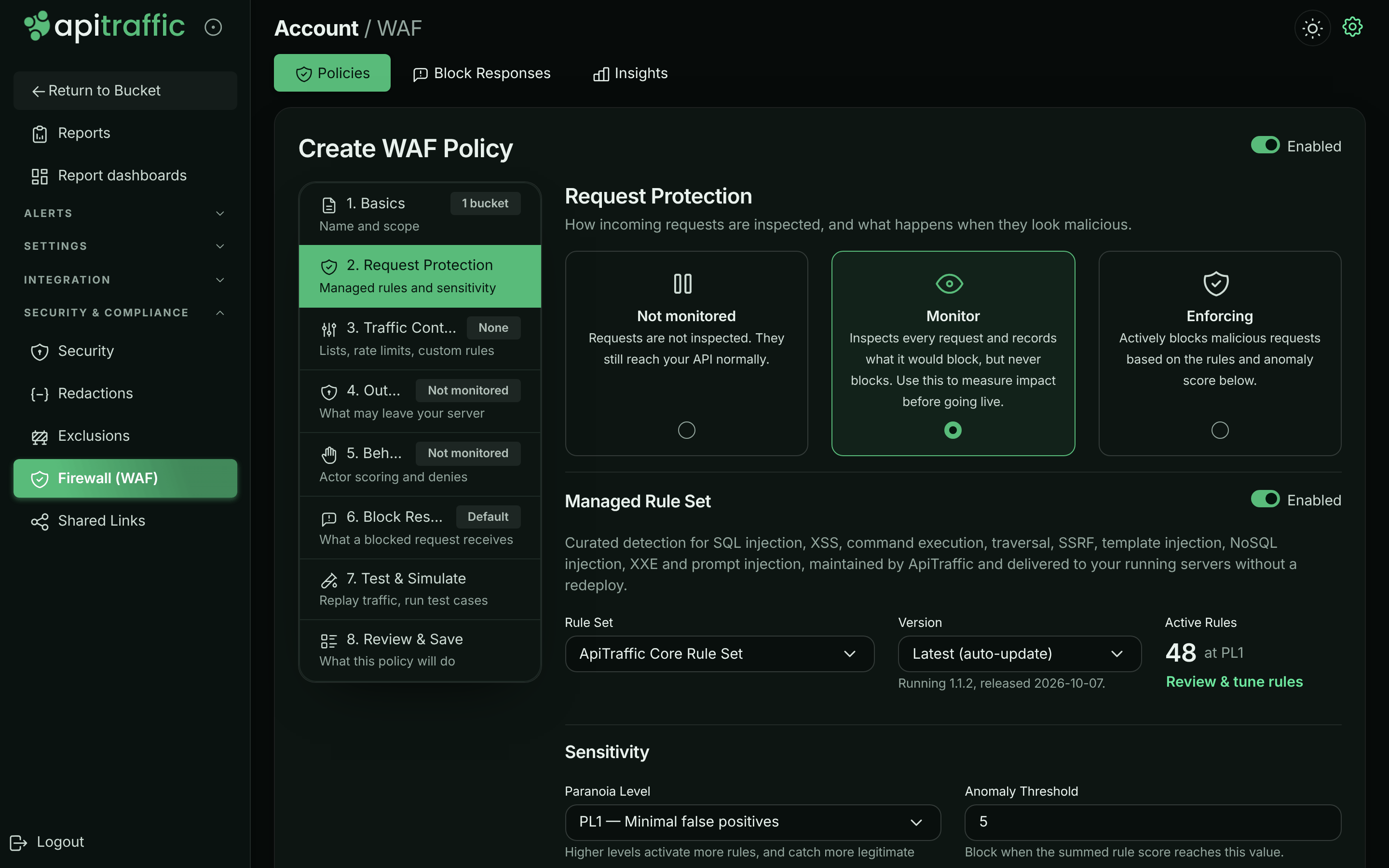 Request Protection step with Monitor selected, the managed rule set enabled and sensitivity settings